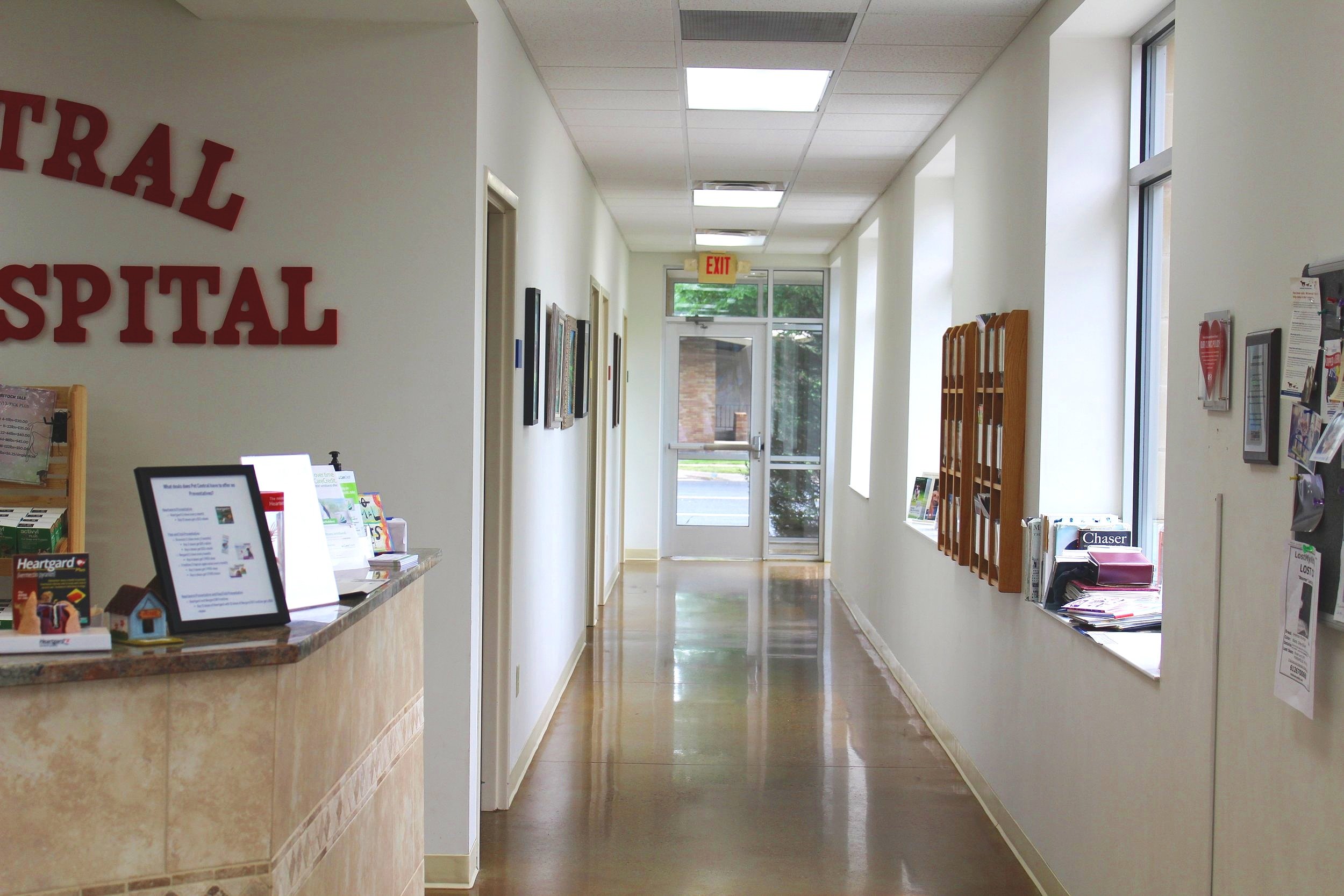 Interior hallway of a veterinary hospital with reception desk, brochures, and exit door.