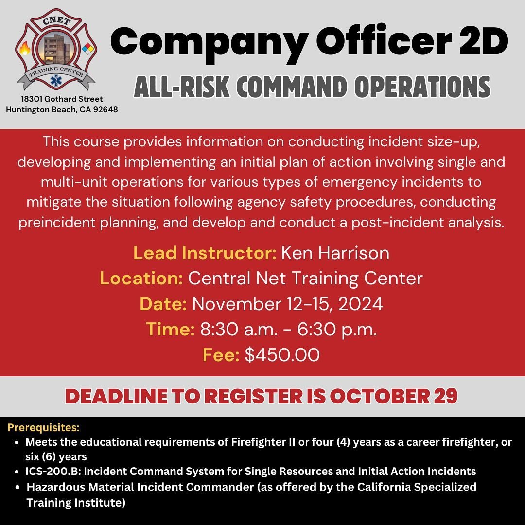 Register now for Company Officer 2D | Nov 12-15, 2024

🚨Deadline to register is October 29th!🚨

Click the link in our bio to register!