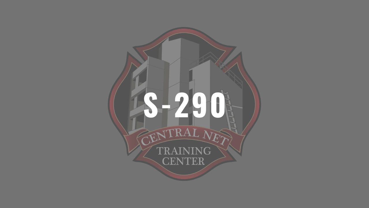 Central Net Training Center S-290 course graphic featuring the training center logo with a fire training tower inside a fire service badge and large white text reading 'S-290' on a gray background.