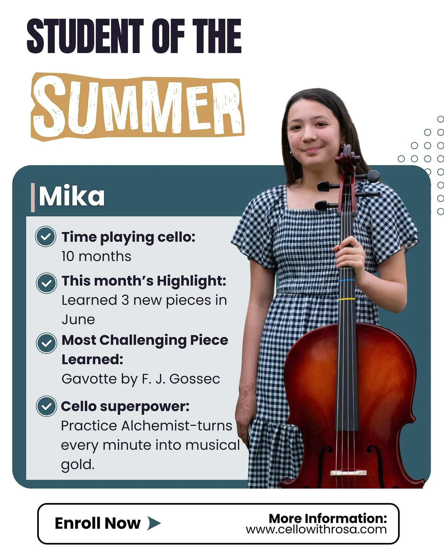 Student of the Summer: Mika! ☀️ 
This summer, Mika took full advantage of the extra practice time and learned four new challenging pieces in just a month and a half! She really shines through in every lesson and makes the most out of her practice tim