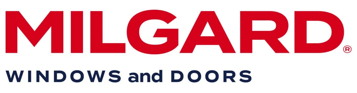 Milgard logo with red text, and black text beneath it reading "Windows and Doors"