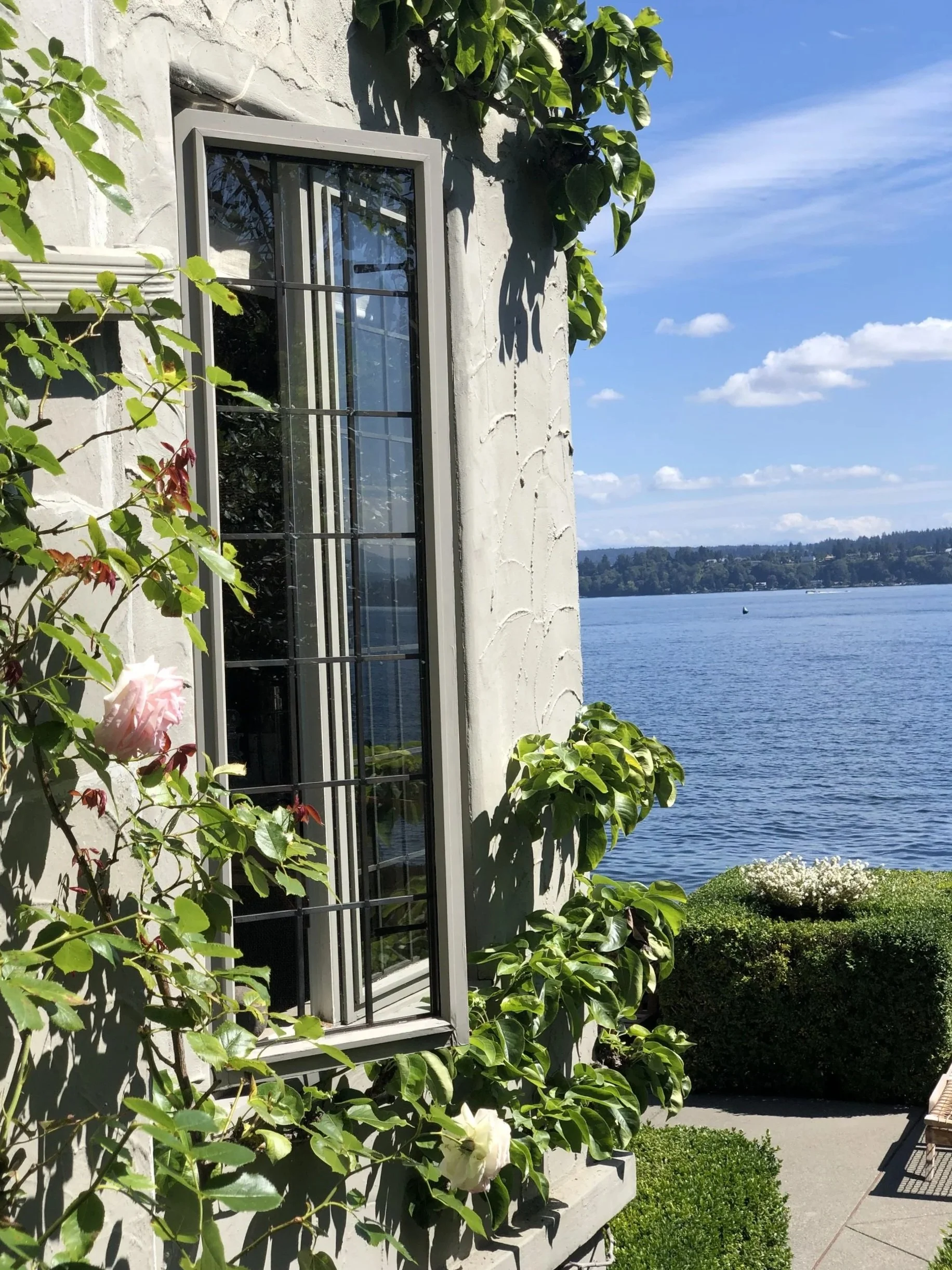 A waterfront house with a window, green vine plants, and blooming flowers, overlooking a lake under a blue sky with some clouds.
