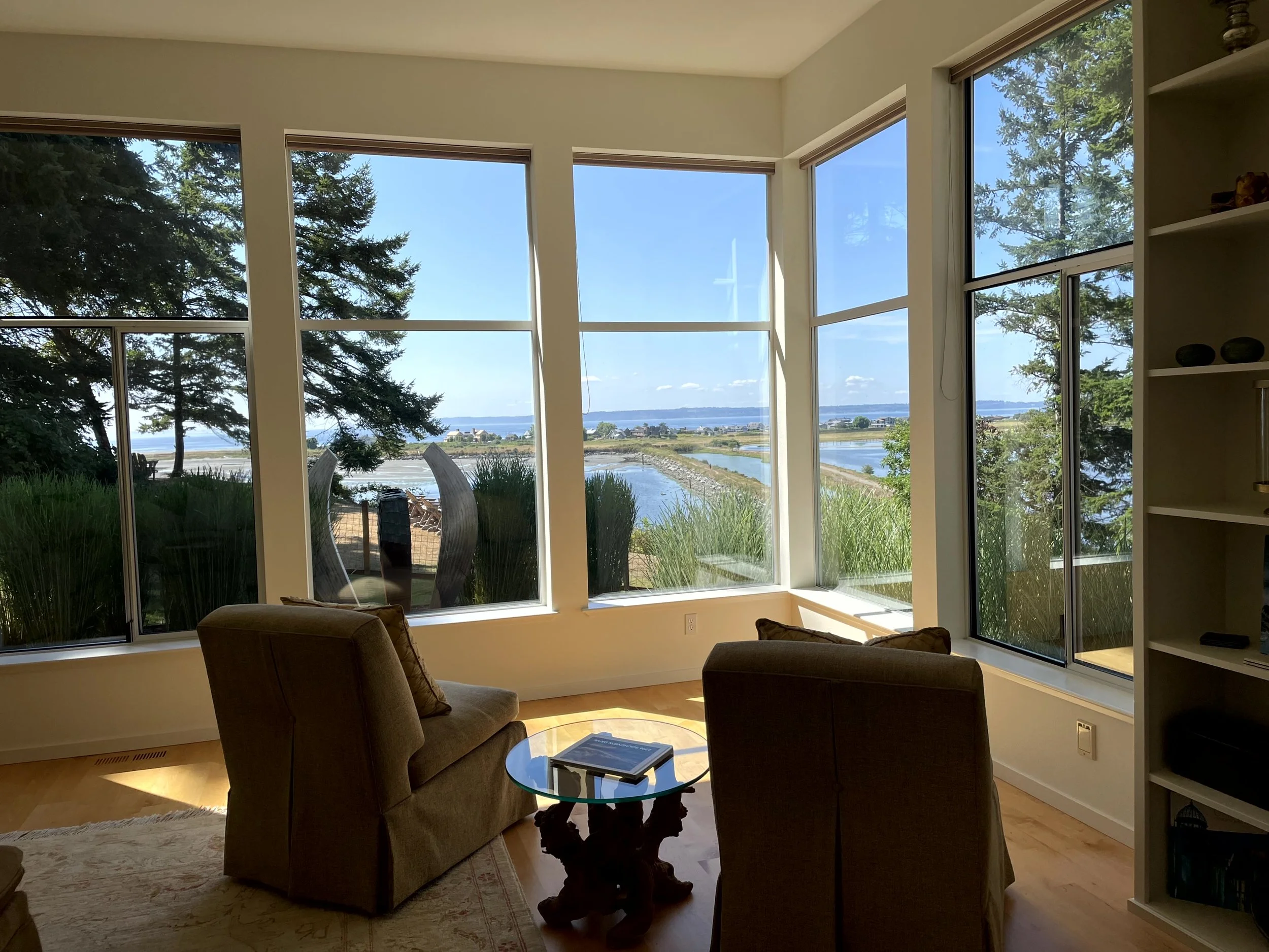 Living room with large windows overlooking a lake and trees, two brown armchairs, a glass coffee table, and a bookshelf.