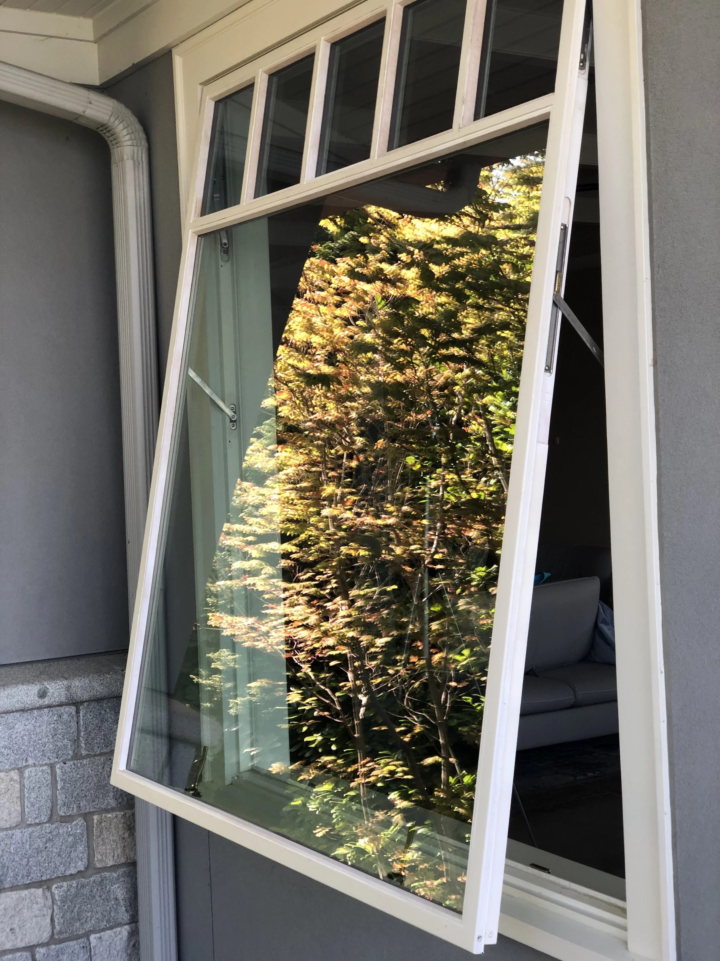 A tilted window reflecting green and orange trees outside, with part of a couch visible inside through the open window.