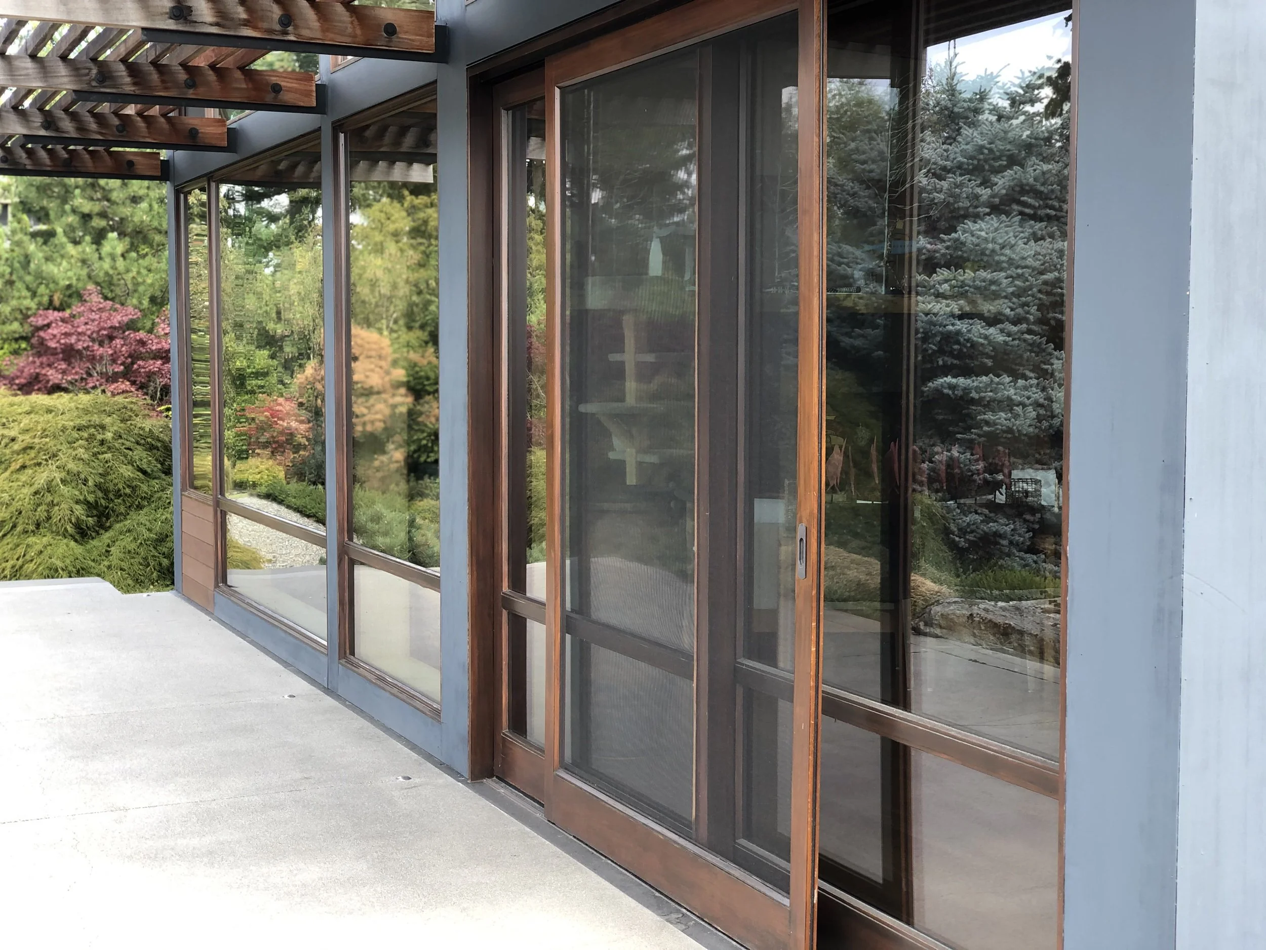 Glass sliding door with wooden frame, exterior view of a garden with trees and shrubs.