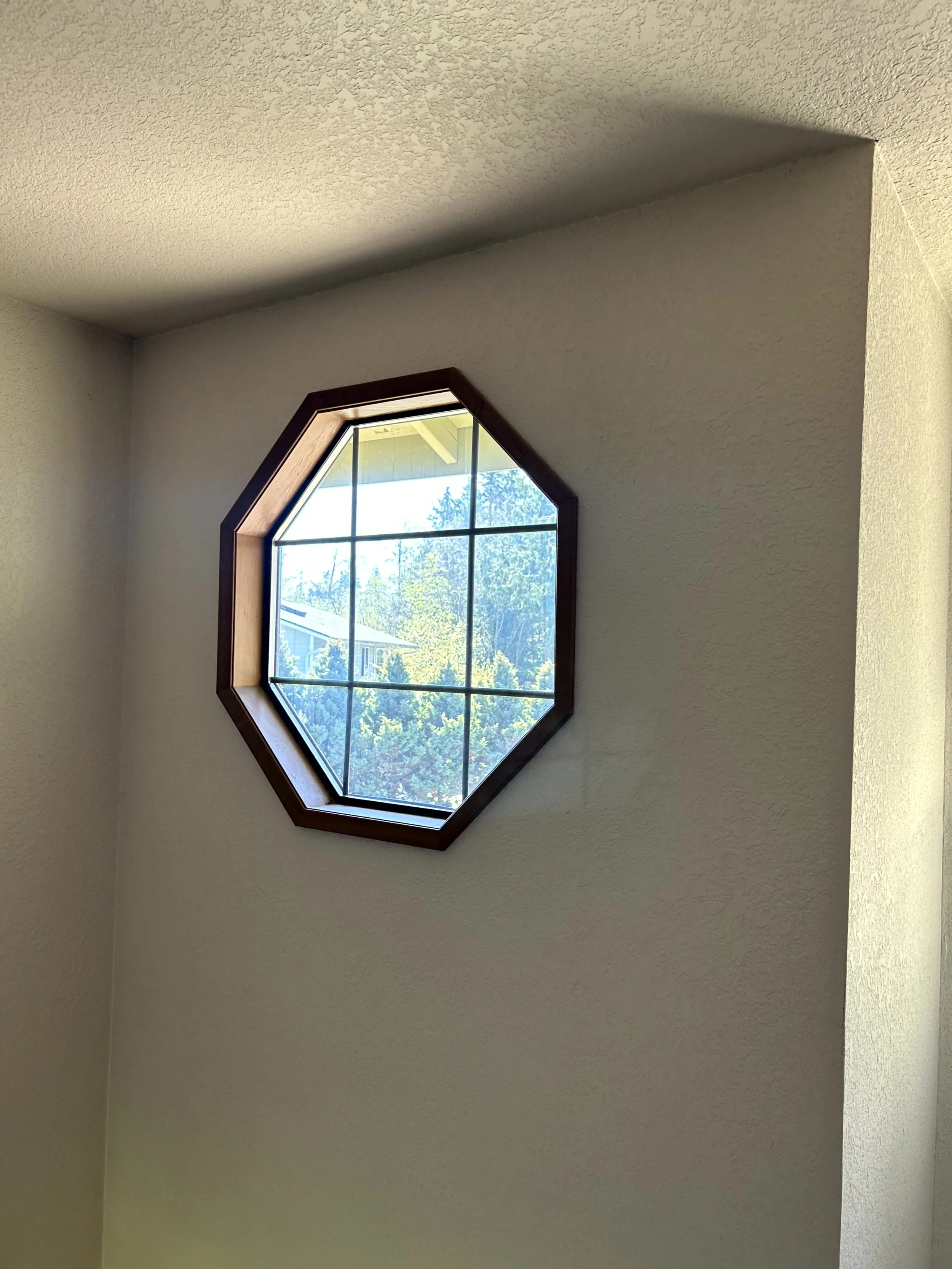 Close-up of a octagonal window with a brown wooden frame, showing trees and a house outside, against a textured white ceiling and wall.