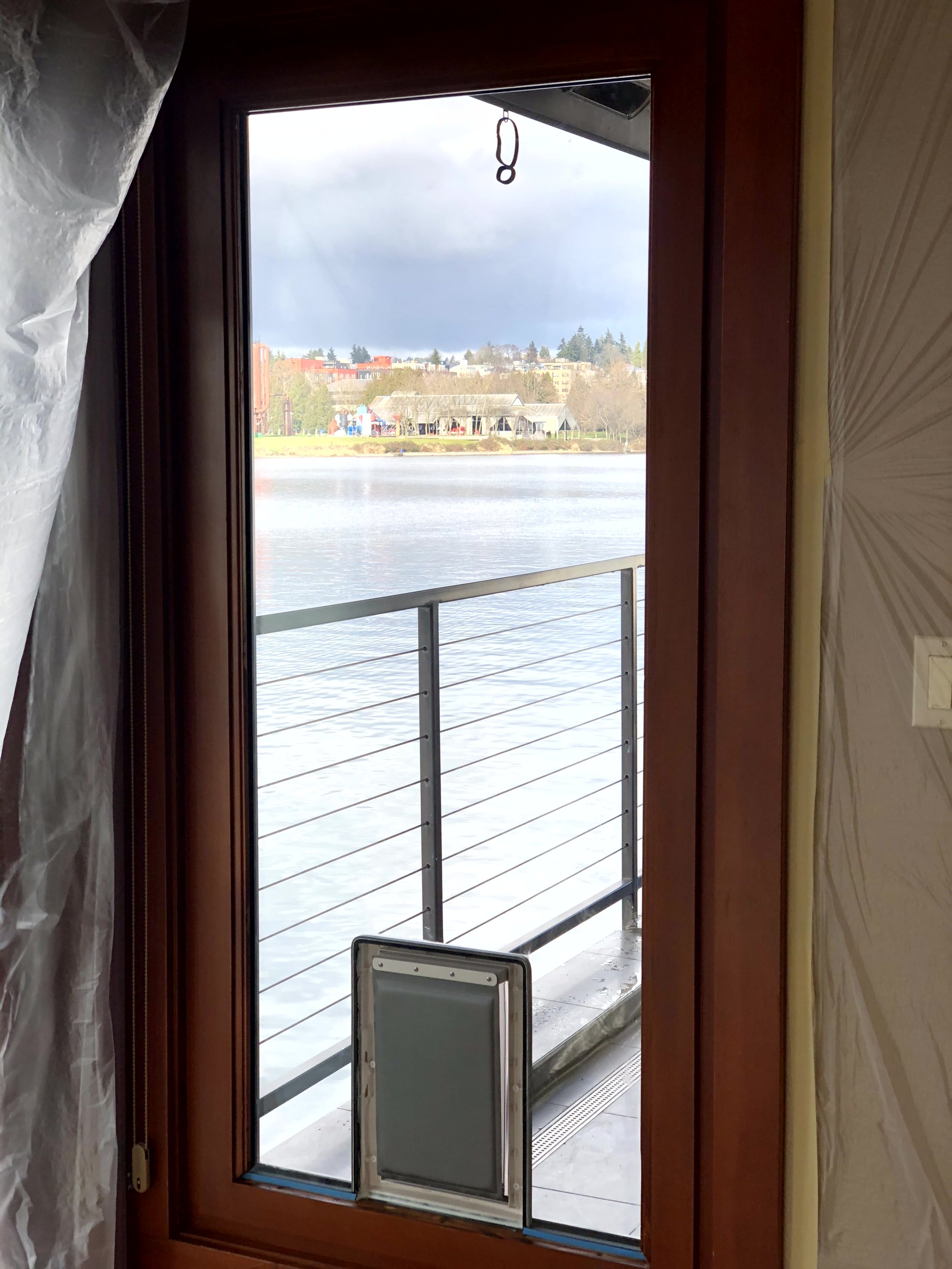 View of a lake through a wooden door with a cat door panel. A balcony railing is visible outside.