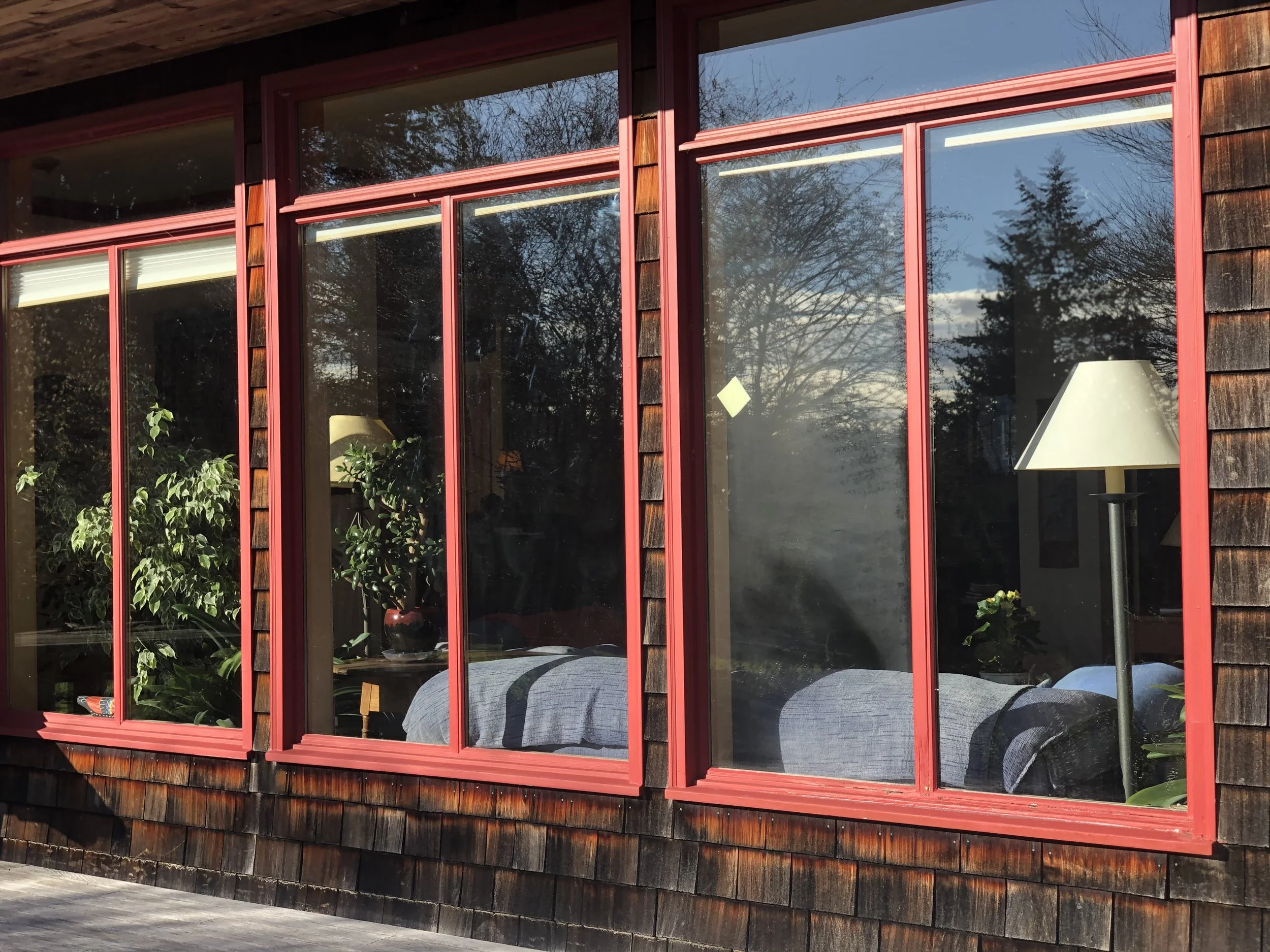 Reflection of trees and sky visible on large glass windows with red frames, part of a wooden building exterior.