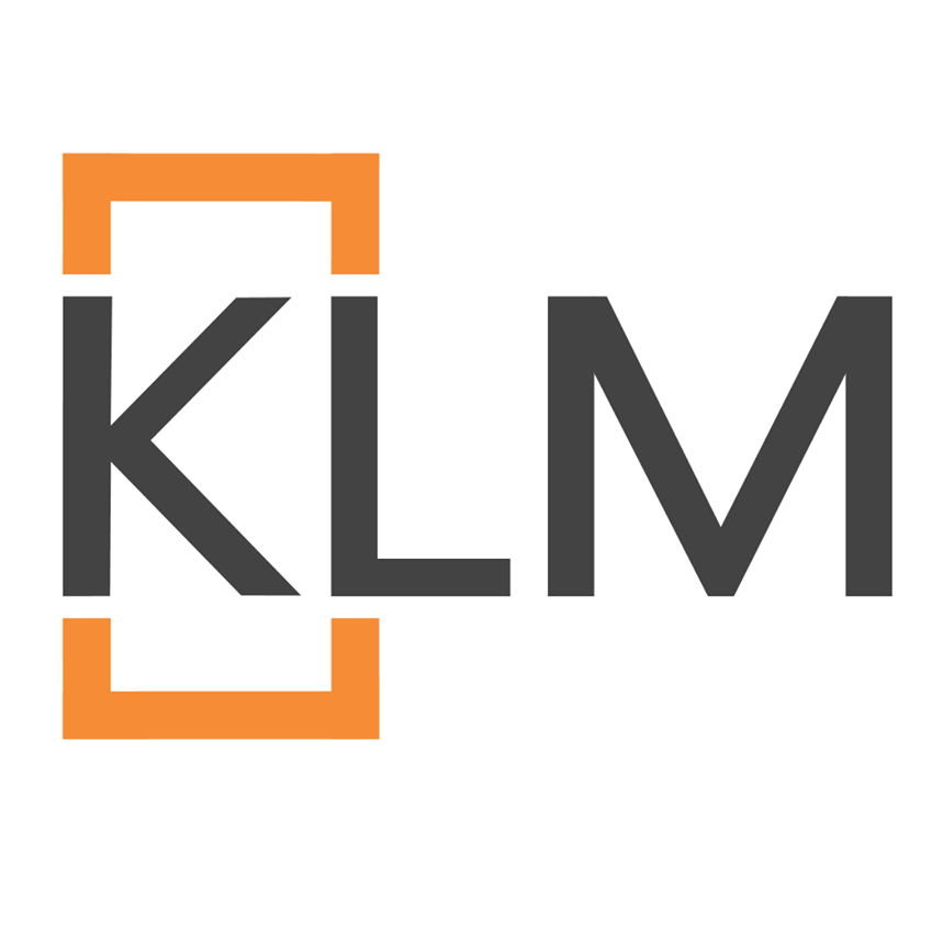 KLM logo with black letters and orange framing elements.