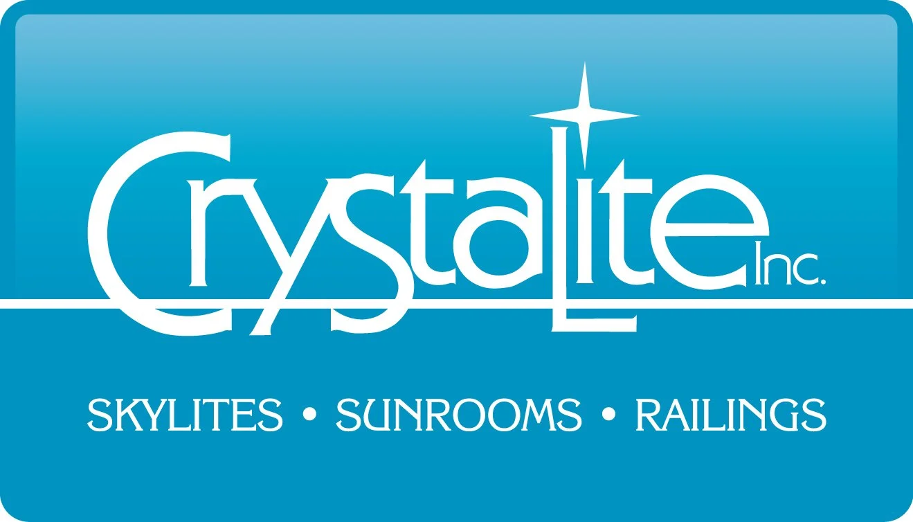 Logo for Crystalite Inc. with a blue background, white text, and a starburst above the 't' in 'Crystalite'. Displaying services: skylights, sunrooms, railings.