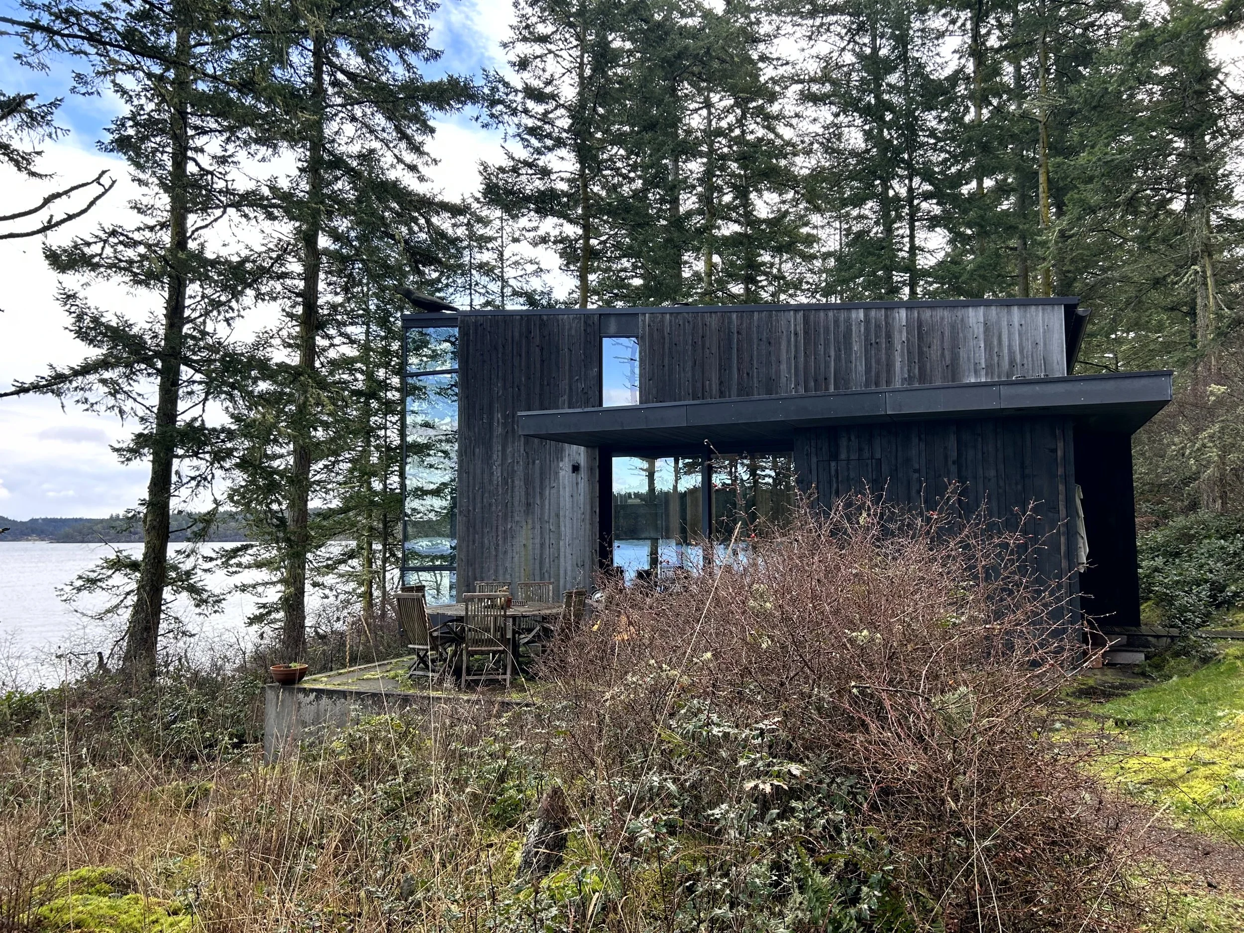 Modern black house with large glass windows surrounded by trees and bushes, near a body of water, with an outdoor table and chairs on a patio.