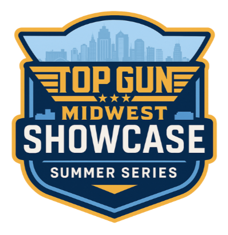Logo for the Top Gun Midwest Showcase Summer Series, featuring a stylized city skyline in the background with bold text and stars.