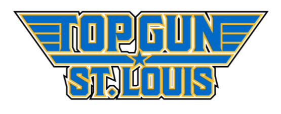 Logo for Top Gun St. Louis with blue and gold lettering and wing design.