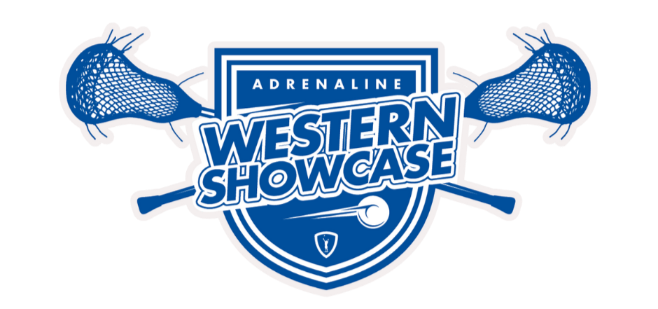 A sports logo for Adrenaline Western Showcase featuring lacrosse equipment, including two lacrosse sticks crossed, with the event name in bold blue letters inside a shield outline.