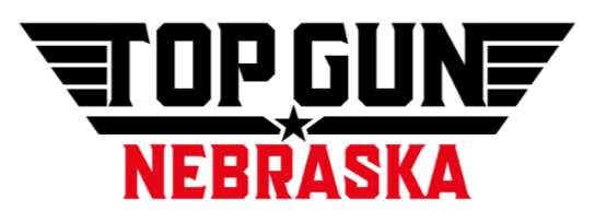 Logo with the words 'Top Gun Nebraska' in black and red font, featuring stylized black wings and a star.