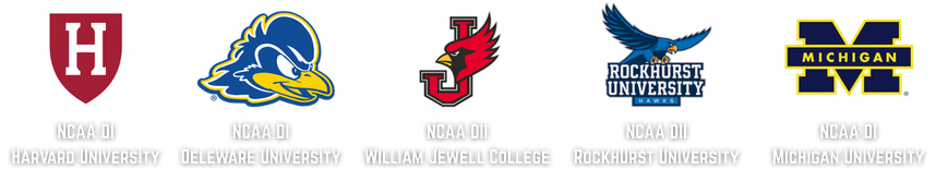 Logos of Harvard University, Delaware University, William Jewell College, Rockhurst University, and Michigan University with their respective names underneath.