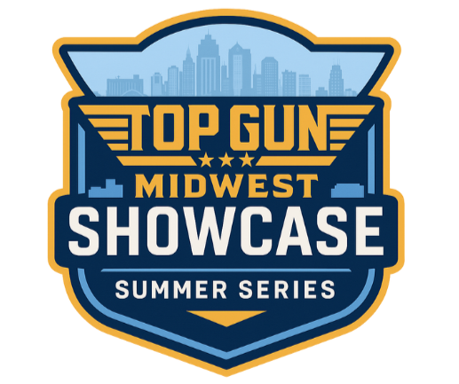 Logo for Top Gun Midwest Showcase Summer Series with a city skyline in the background.