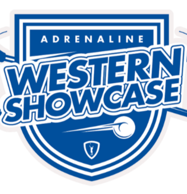Logo for Adrenaline Western Showcase featuring a shield design with a tennis ball and racket.