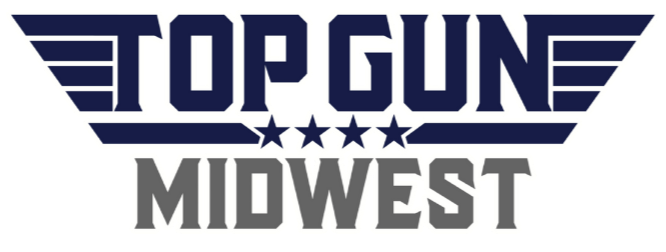 Logo with the words "Top Gun Midwest" featuring stylized wings and stars.