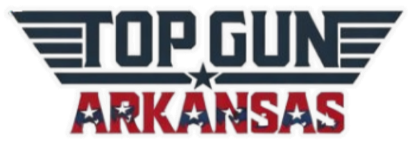 Logo for Top Gun Arkansas with black, red, and blue design elements.
