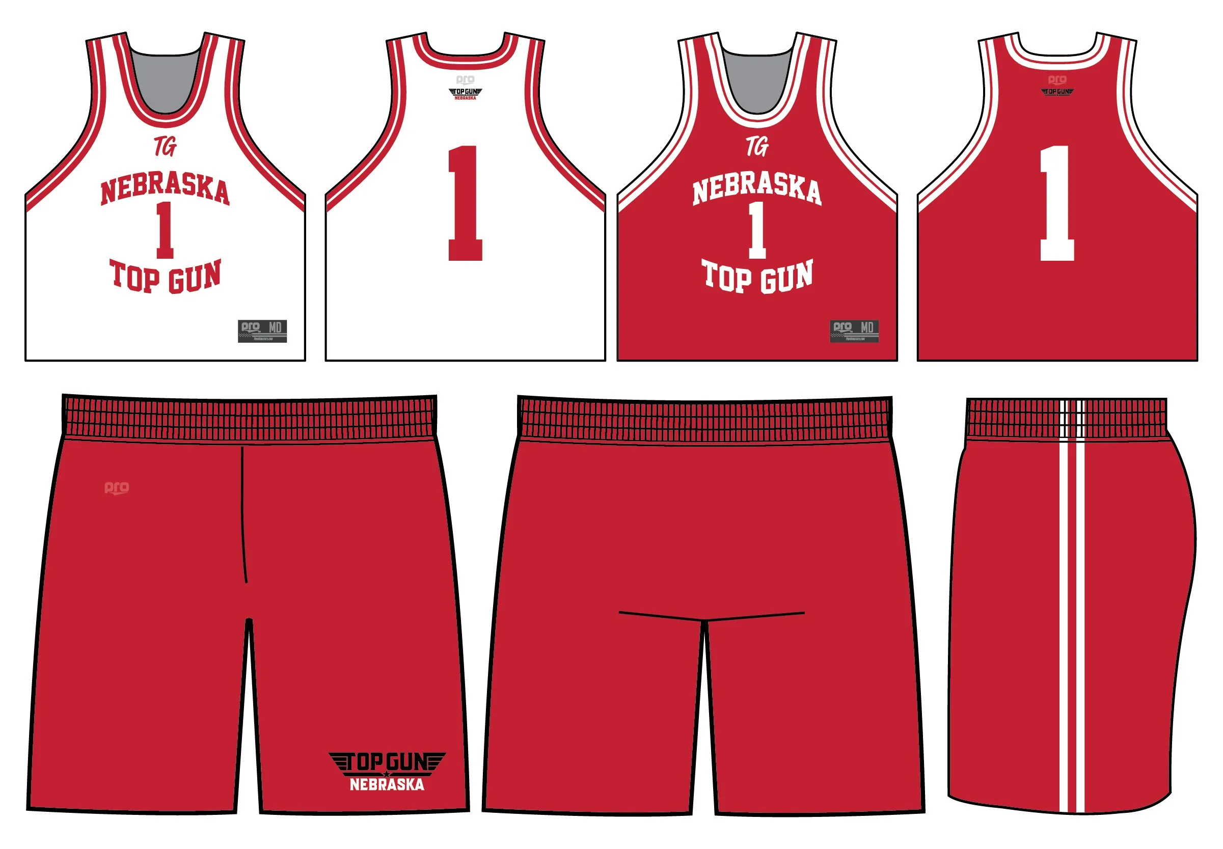 Designs of Nebraska Top Gun basketball uniforms including two white jerseys with red accents and two red jerseys with white accents, paired with red shorts, some shorts featuring a Nebraska Top Gun logo, all displaying the number one.