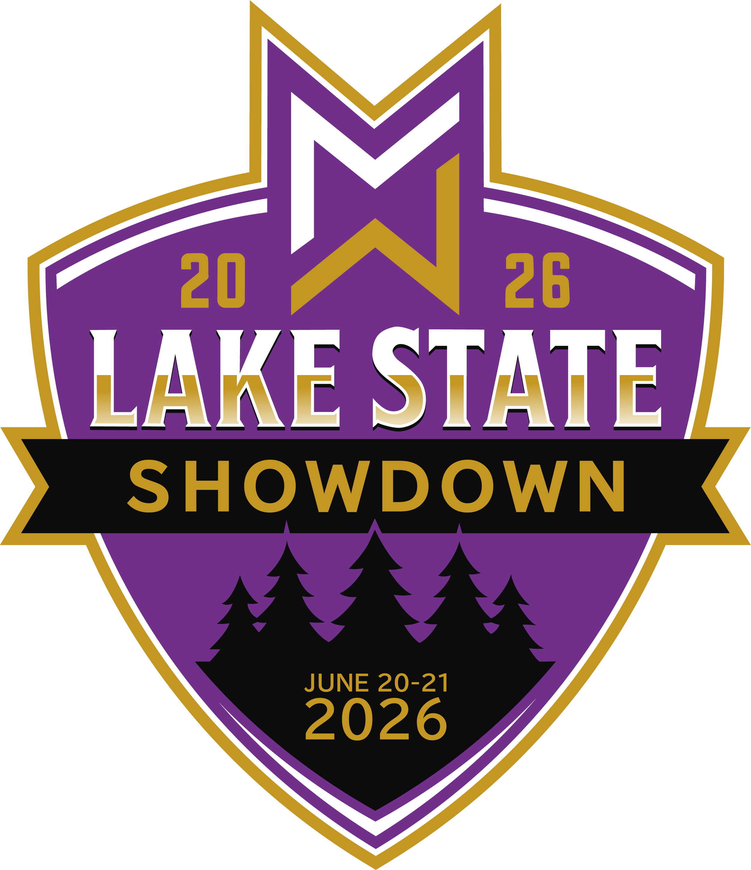 Event badge for the Lake State Showdown 2026, taking place June 20-21, with a purple and gold shield design, featuring a mountain range silhouette and a stylized 'M' logo at the top.