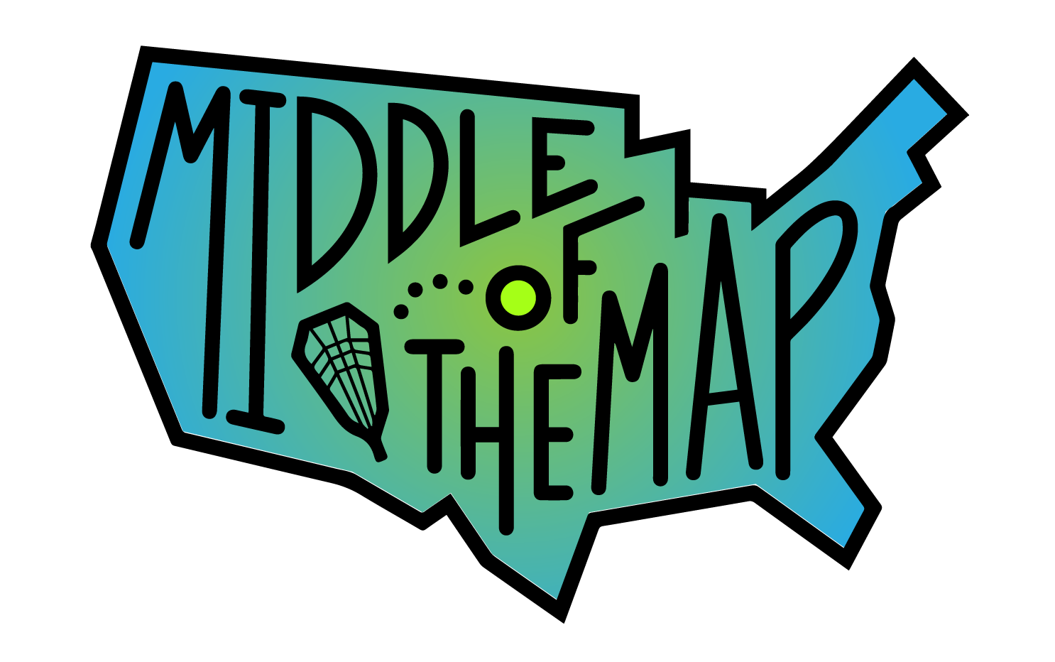 A stylized outline of the United States with the phrase 'Middle of the Map' and icons of a tennis racket and a ball.