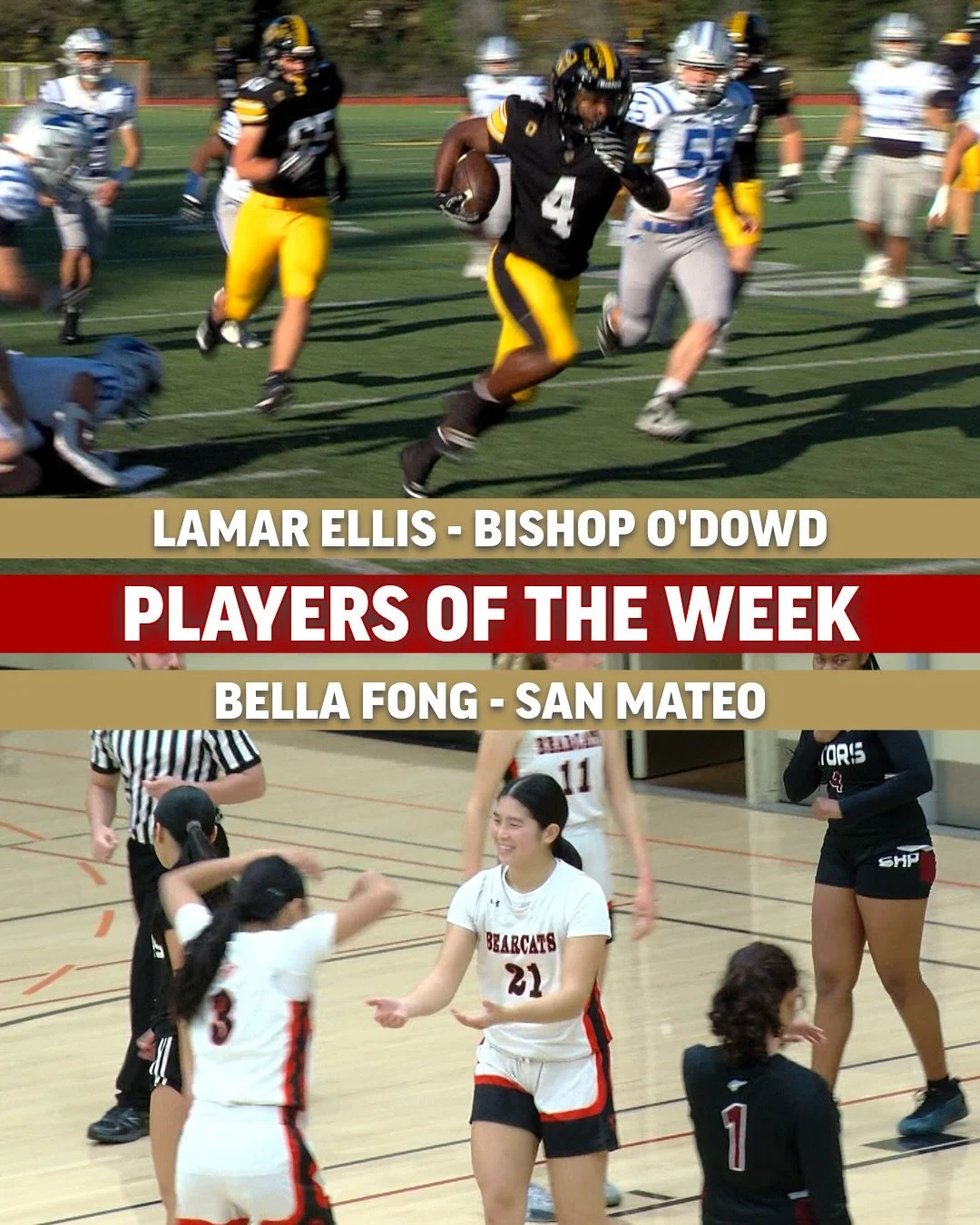 Congratulations to our players of the week! Lamar Ellis from Bishop O&rsquo;Dowd had 15 carries for 178 rushing yards with 5️⃣ rushing touchdowns 🏈 Bella Fong kicked off the basketball season with 20 points in San Mateo&lsquo;s victory last Monday ?
