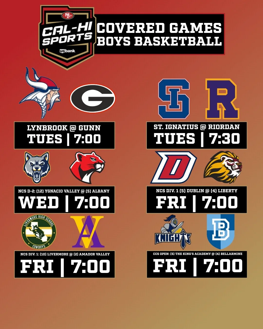 PLAYOFFS ARE HERE 🥳 Catch highlights from all these games on 49ers Cal-Hi Sports presented by U.S. Bank!