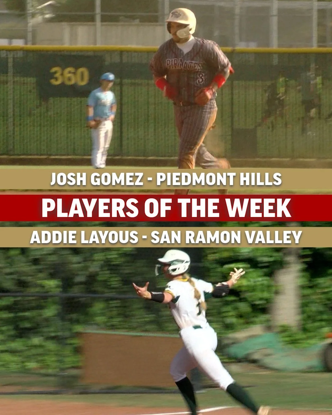 Congratulations to our Players of the Week 🤩 Josh Gomez went 3️⃣-4️⃣ at the plate scoring 3️⃣ runs with an RBI and double in the Pirates road win 🏴&zwj;☠️ 🥎 Addie Layous had TWO HR for the Wolves driving in FIVE RUNNERS with a 3️⃣-4️⃣ day 🐺