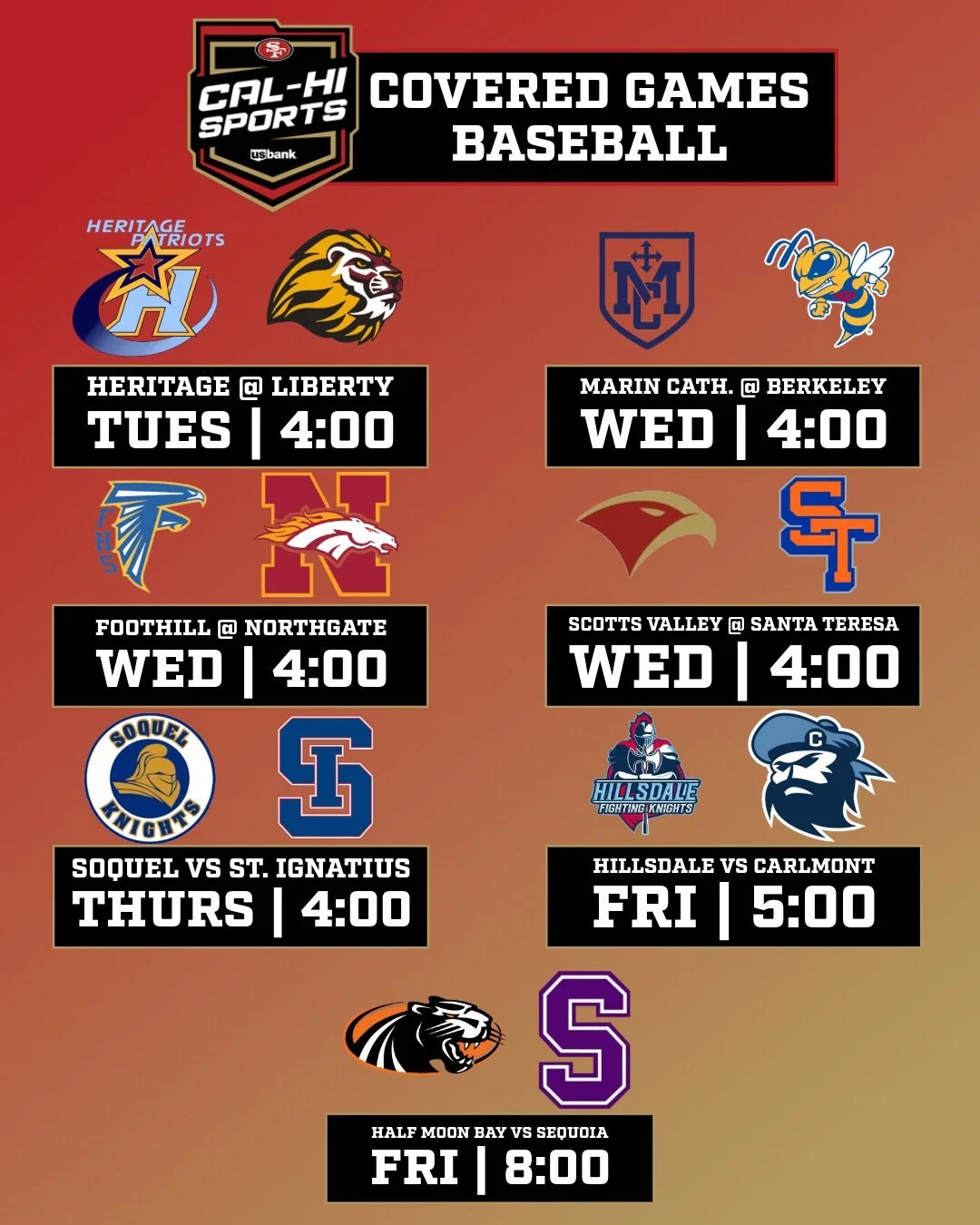 This week on 49ers Cal-Hi Sports presented by U.S. Bank Spring Break tournament and league action is LOADED! 🔥
⚾ Baseball
Marin Catholic @ Berkeley | Battle of Brentwood: Heritage @ Liberty | The Island Bowl: Encinal vs Alameda | Friday games in the