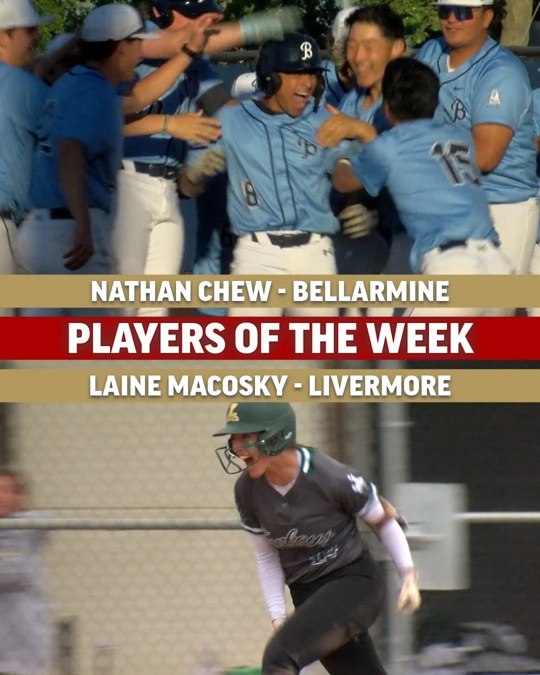PLAYERS OF THE WEEK 🗣️🗣️🗣️ @nate.chewy went 4-4 for the Bells with a HR and walk-off against TKA 🔔 @lainemacosky had a day at the plate with a double, triple and HR with 2 RBI in Livermore&rsquo;s win over Granada 🤠