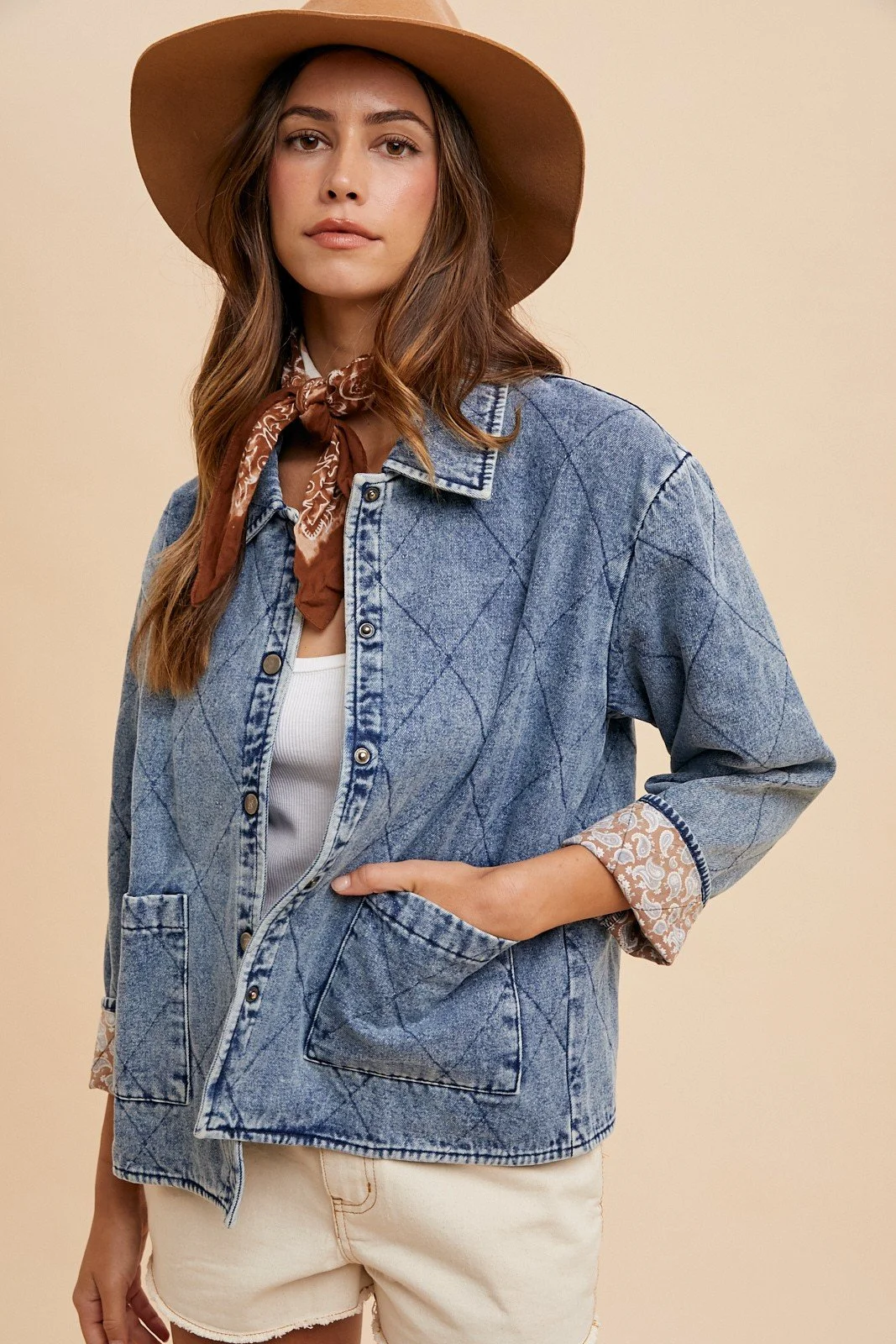 Contrast Lining Quilted Padding Denim Jacket
