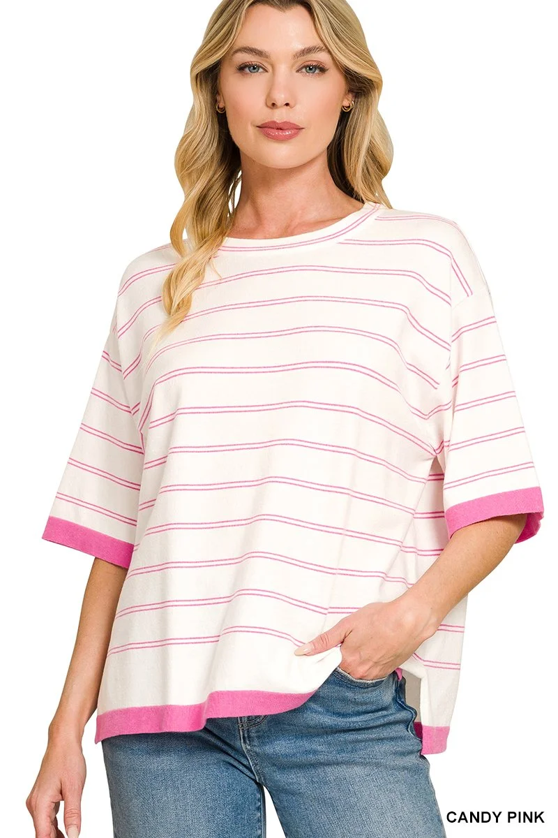 Viscose stripe short sleeve sweater