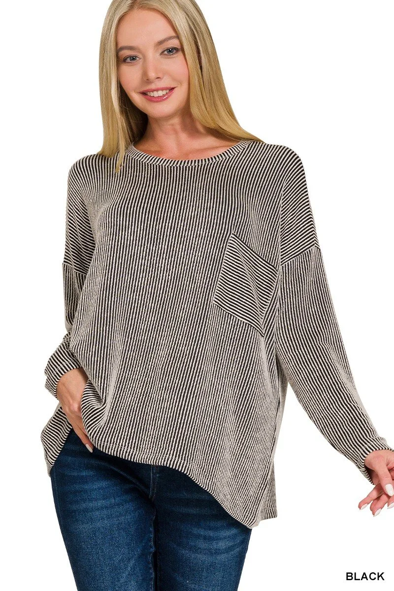 Zenana Ribbed Striped Oversized Long Sleeve Top