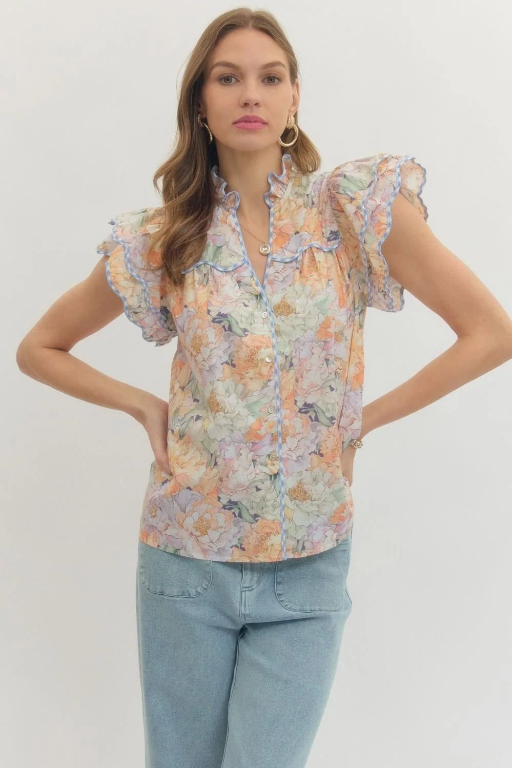 Entro Ruffle Sleeve Floral Blouse