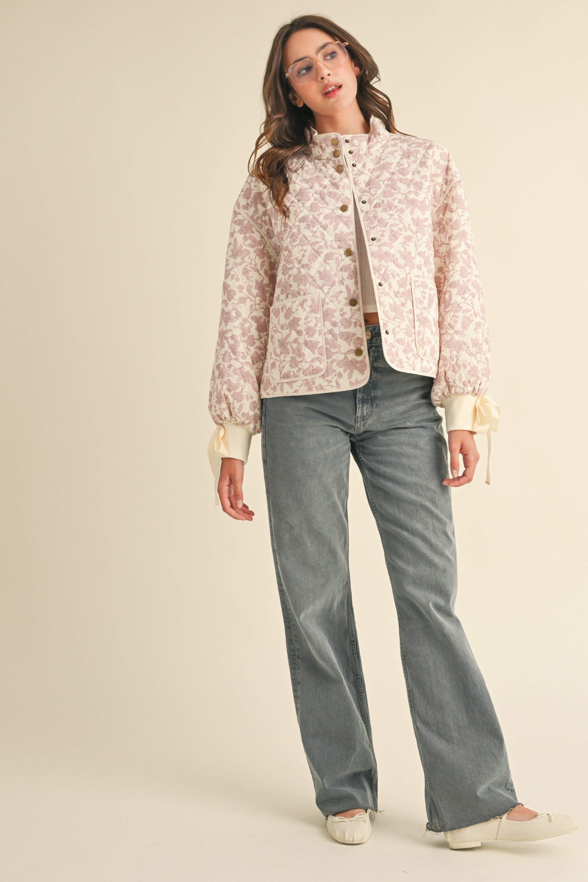 Floral Quilted Jacket With Bow Tie Ribbon Detail