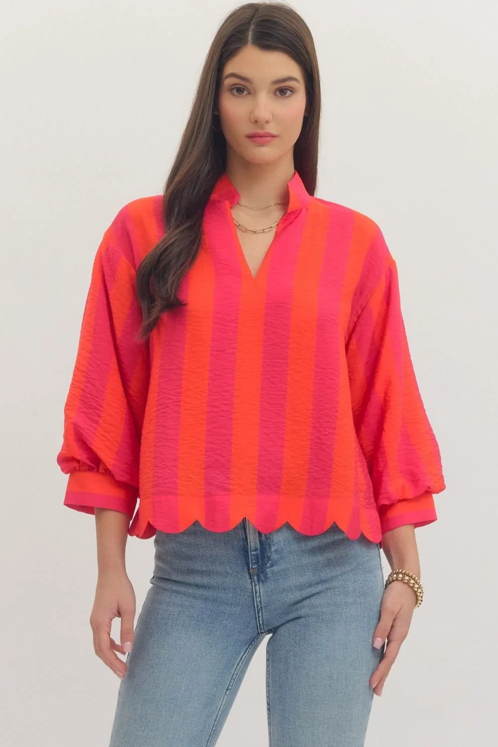 Entro Striped 3/4 Balloon Sleeve Top