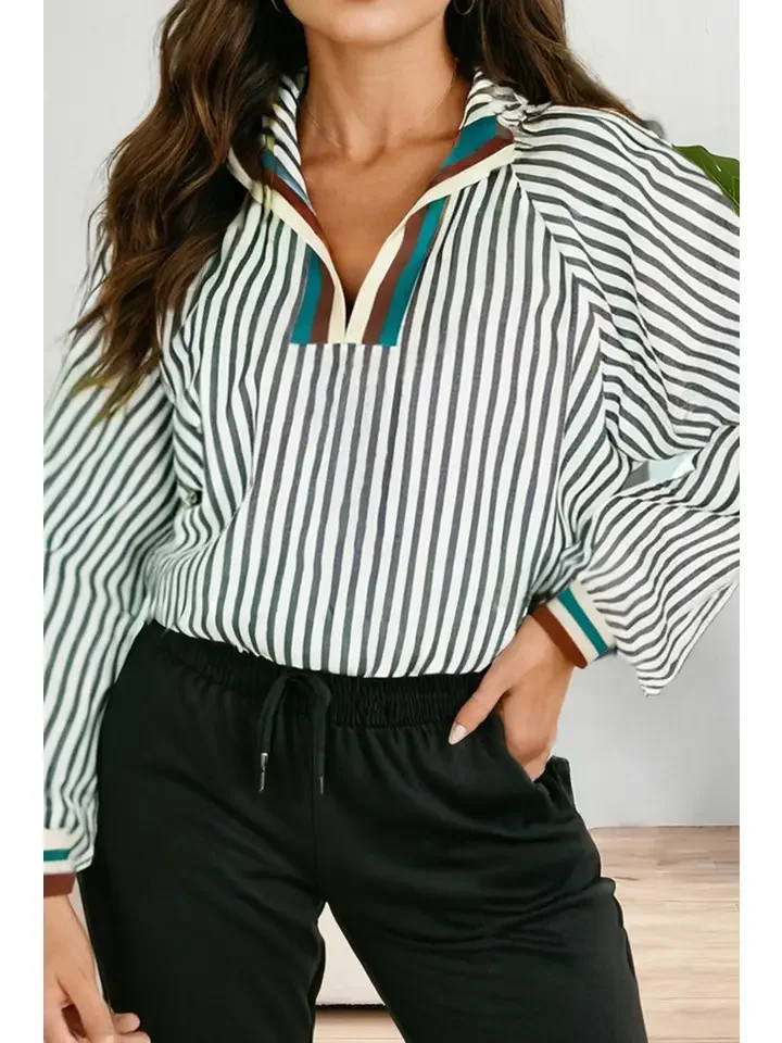 Stripe V Neck Raglan Long Sleeve Blouse