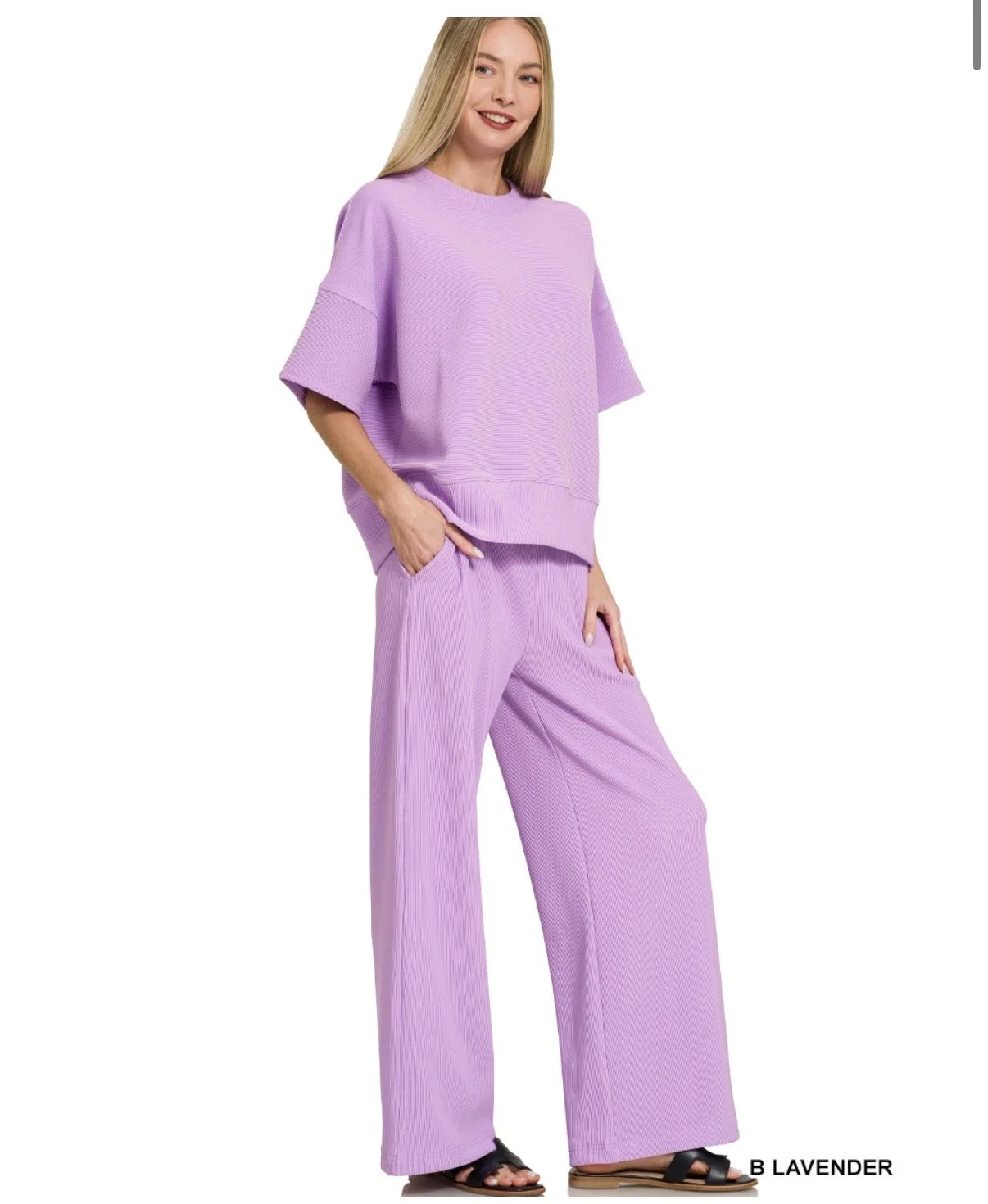 Zenana Ribbed round neck tee & pants set