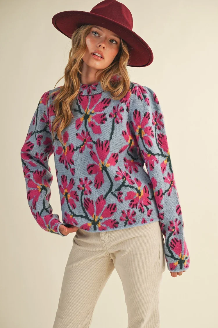 Floral mock neck sweater