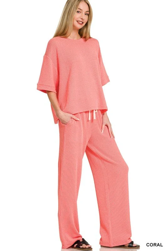 Zenana Raised-Ribbed drawstring pant set