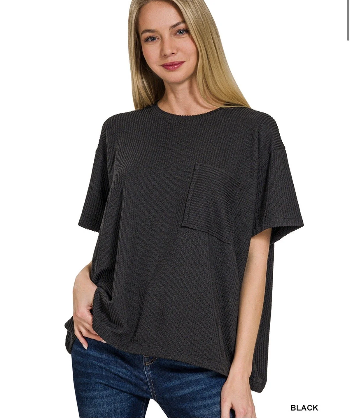 Zenana Rib Short Sleeve, Front Pocket Tee