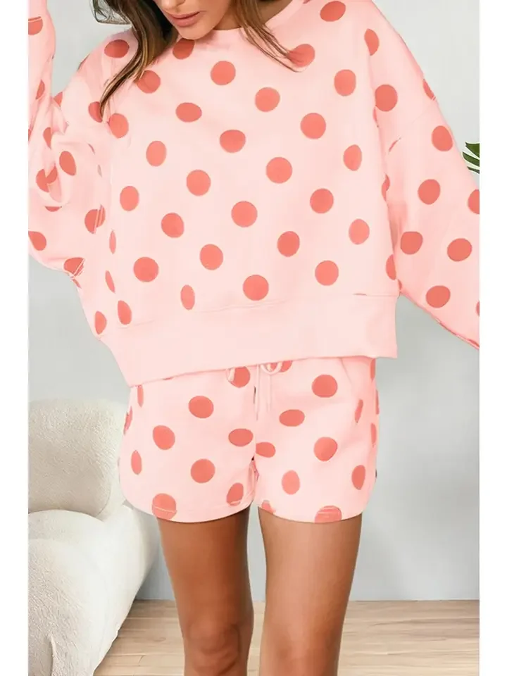 Polka Dot Print Drop Shoulder Pullover Drawstring Short Set