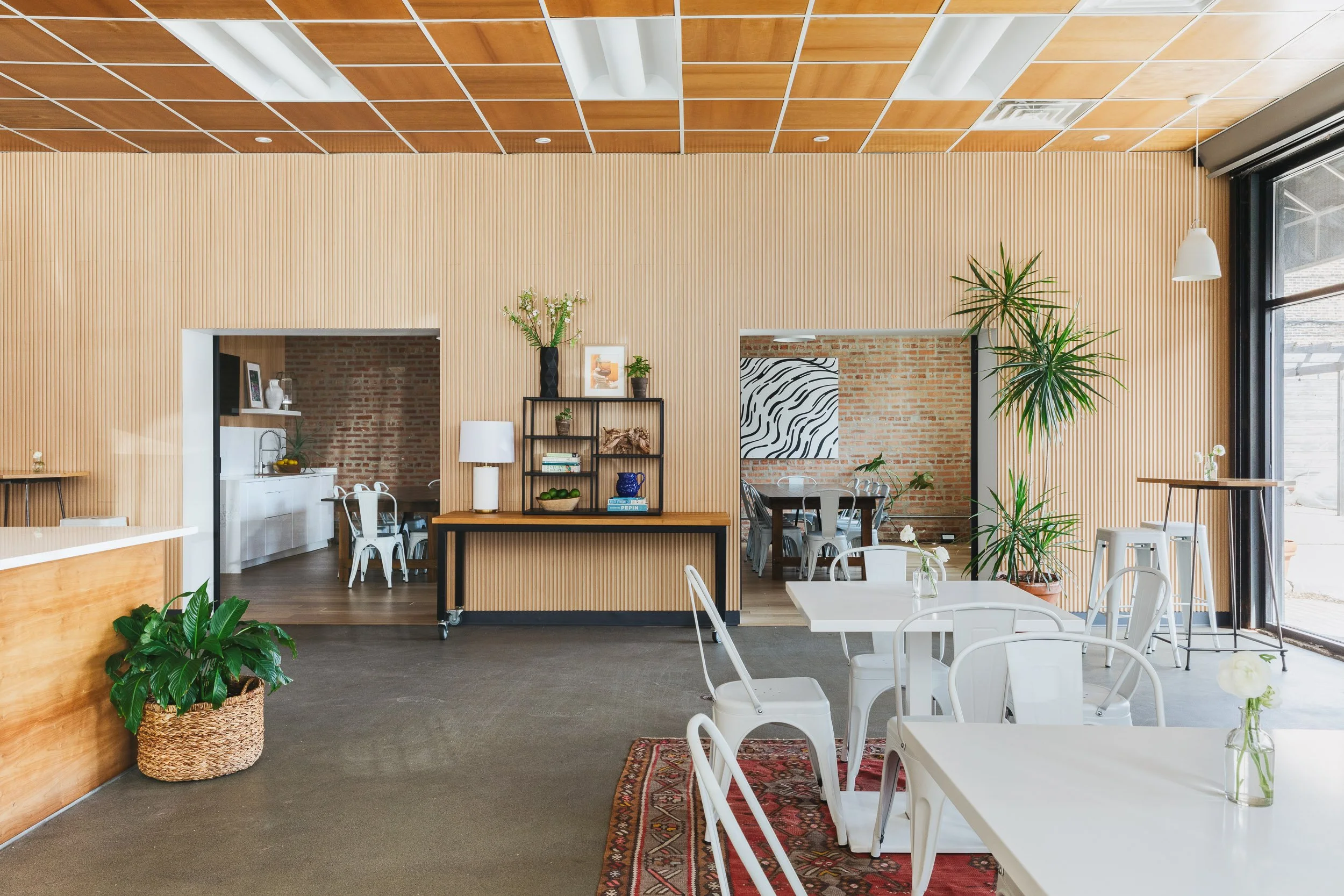 Interior shots of canteen space and wedding venue at bid delicious planet in west town by sarah crowley. Big Delicious Planet Chicago Catering and Urban Farm serving Luxury and Sustainable weddings, corporate events, and celebration. Greenest Caterer