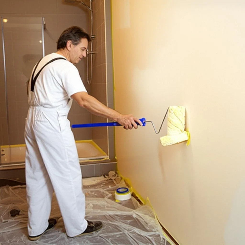 Professional painter using a roller to paint bathroom walls with protective masking and drop sheets