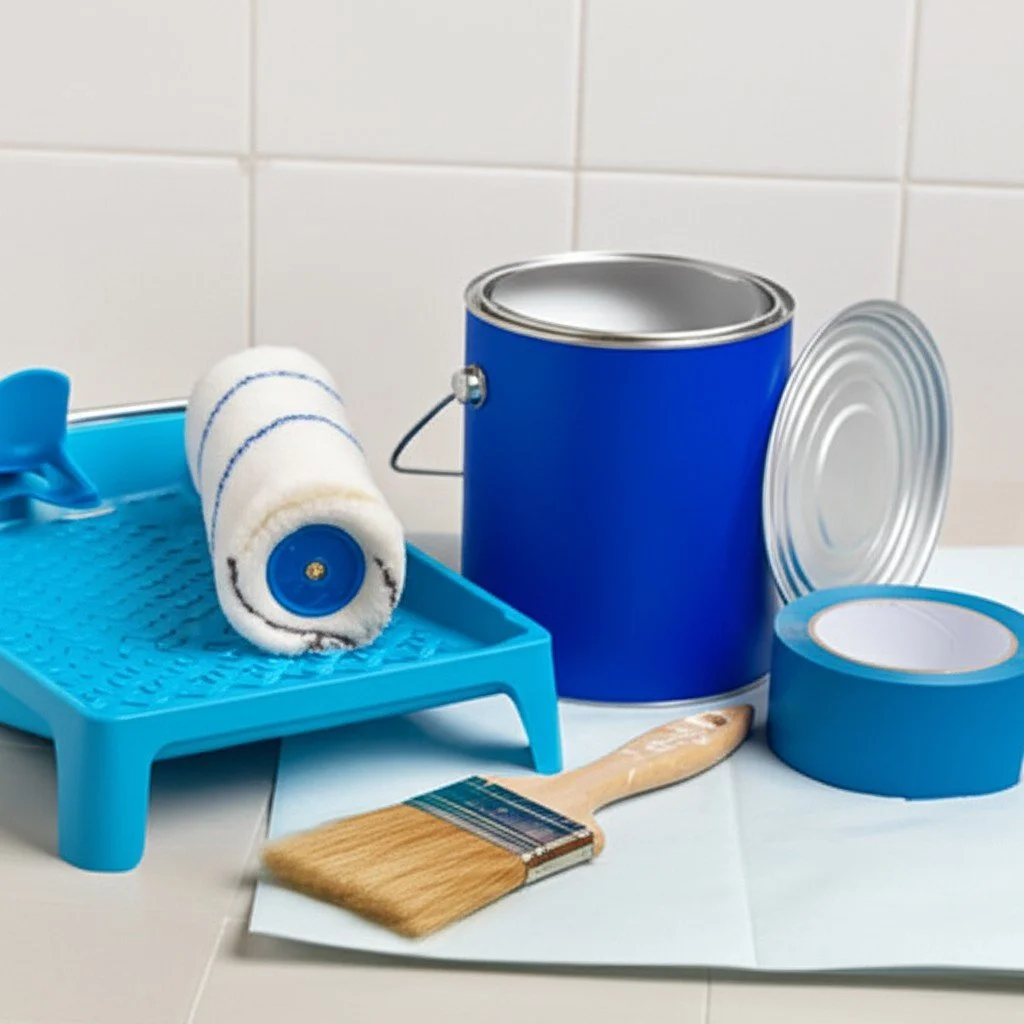 Bathroom paint supplies including roller, tray, painter tape, and paint tin ready for application