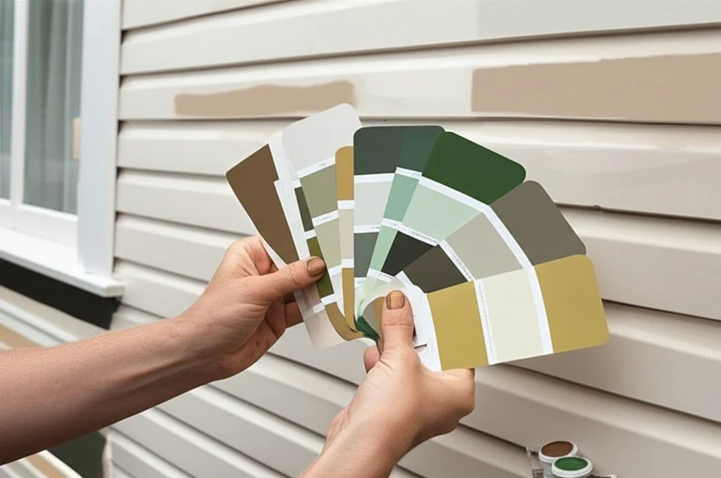 Comparing exterior paint colour swatches and testpots against a weatherboard house wall