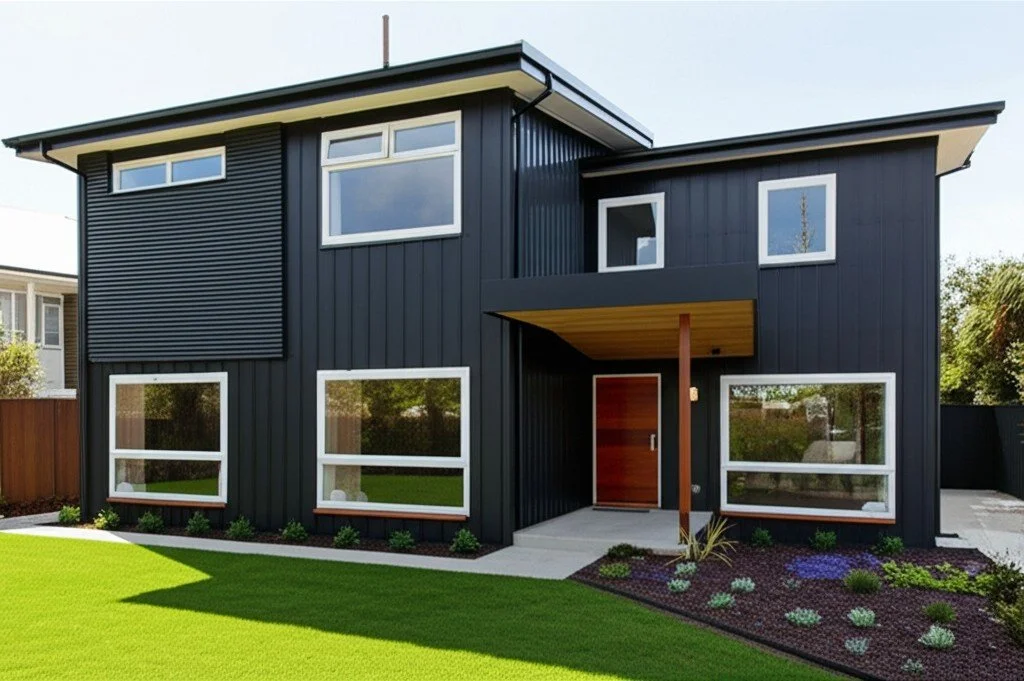 Modern Christchurch home with dark charcoal-green exterior cladding and mixed materials