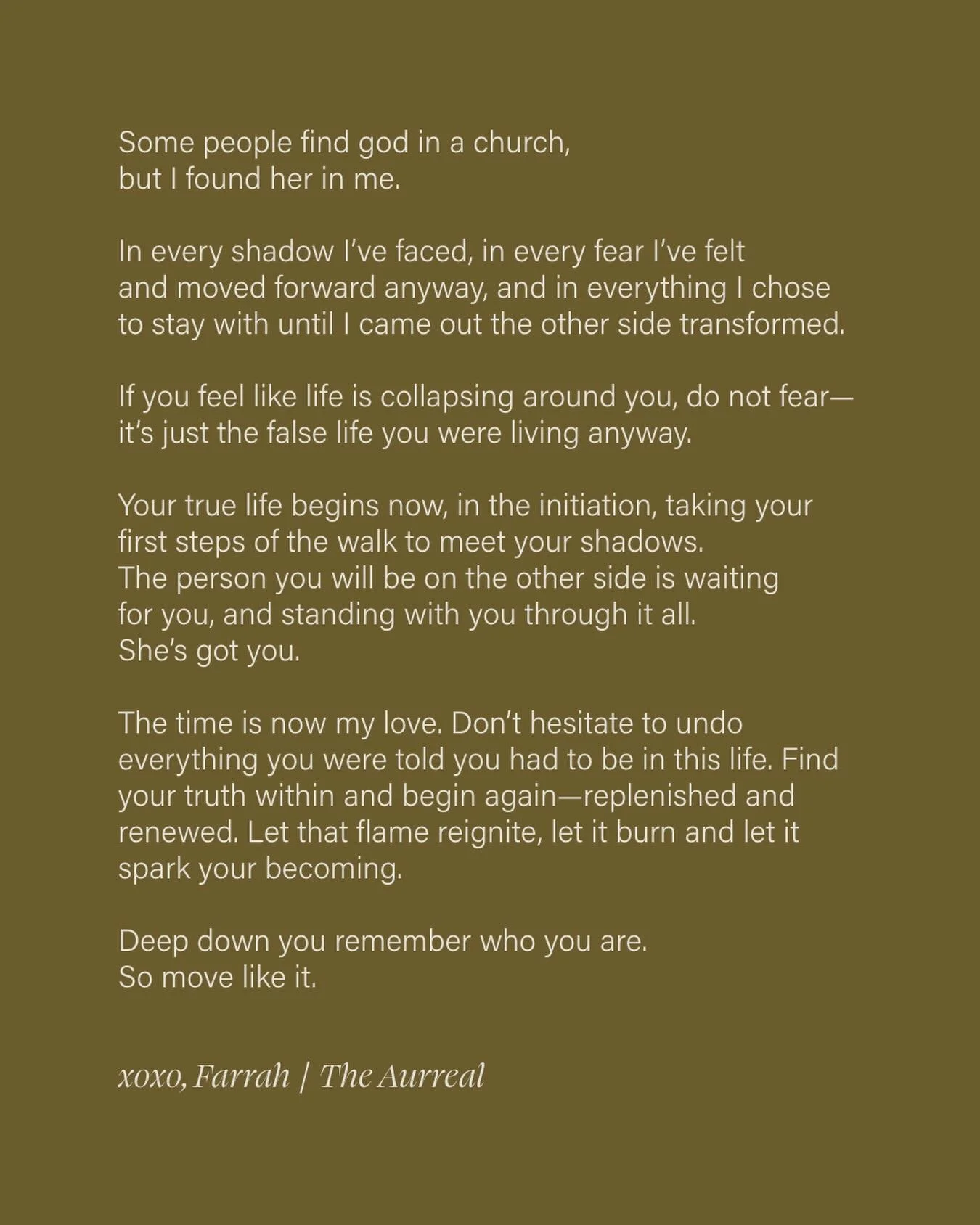 The time is now my love 🕊️

When you&rsquo;re ready for your sacred initiation, @theaurreal.co is here for you.

People pleasing | over-giving | peacekeeper | inner voice